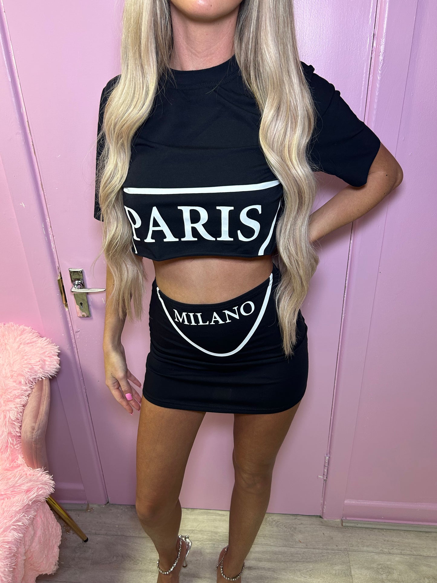 Paris Milano Graphic Crop Top & Skirt Co-ord