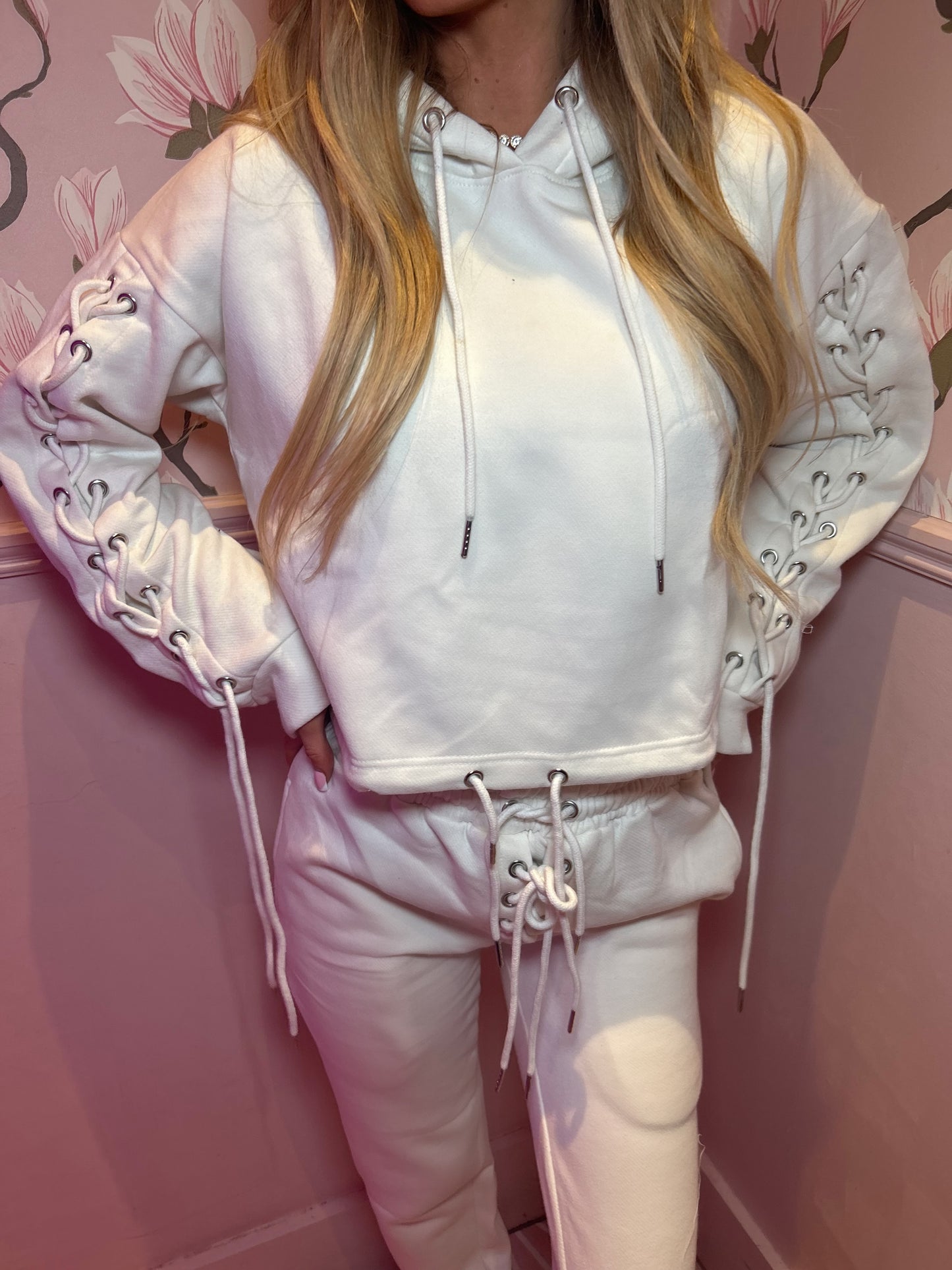 Off white Eyelet Lace Up Detail Hoodie & Jogger Fleece tracksuit