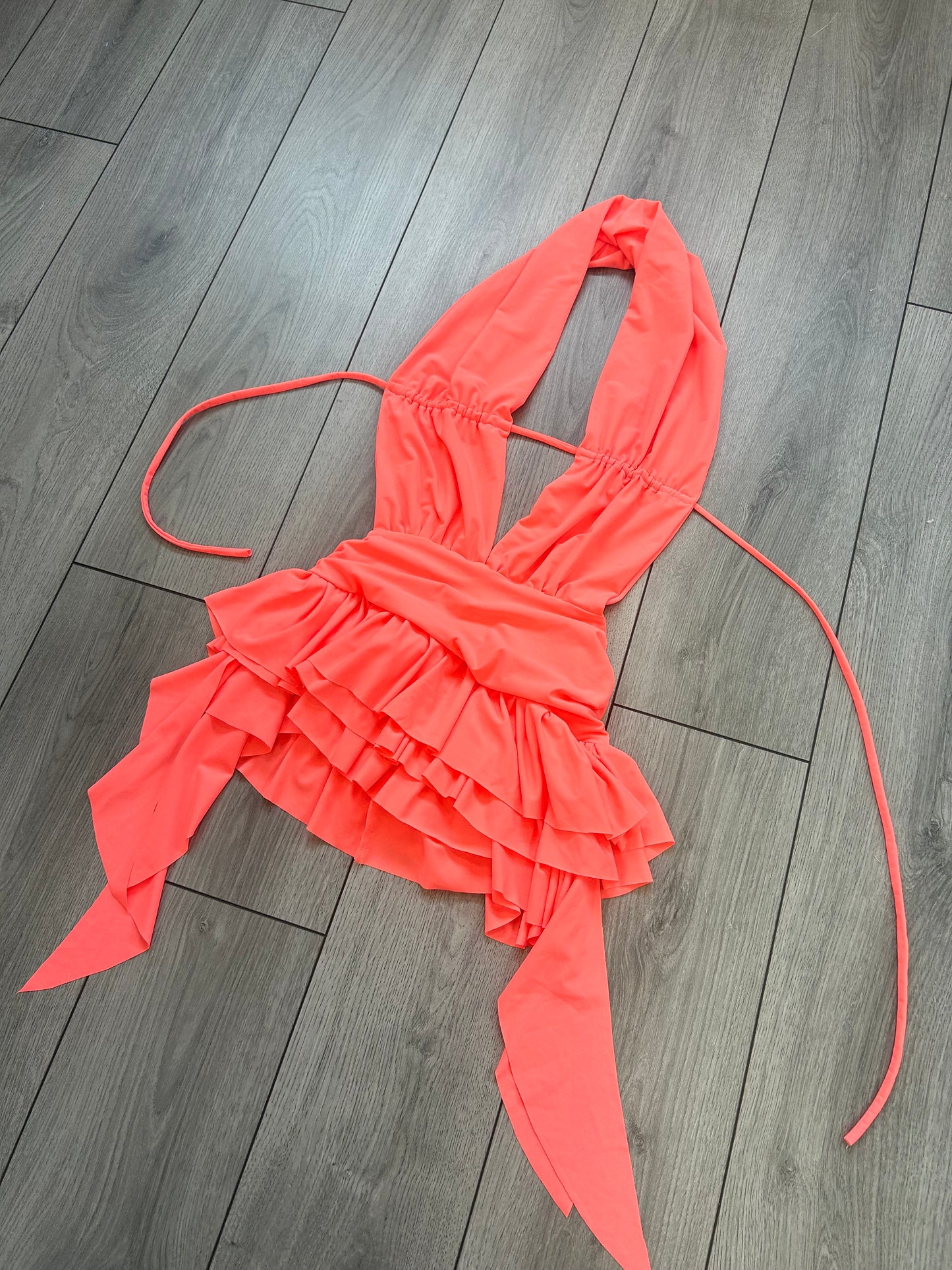 LIMITED EDITION HAND MADE AND DESIGNED IN HOUSE: ‘Lily’ Coral frill dress