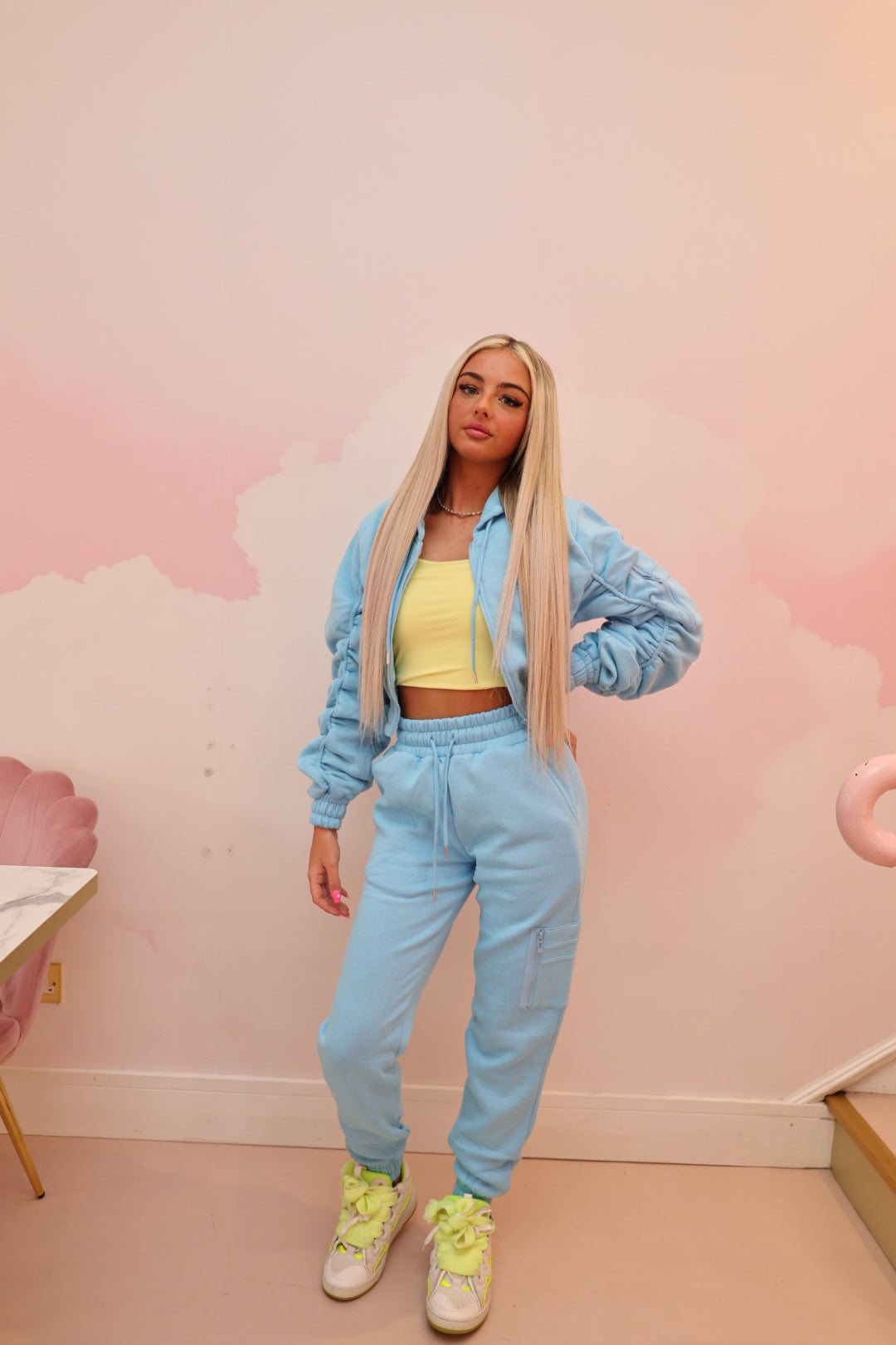 Blue ruched sleeve tracksuit