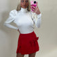 High neck puff sleeve ribbed jumper