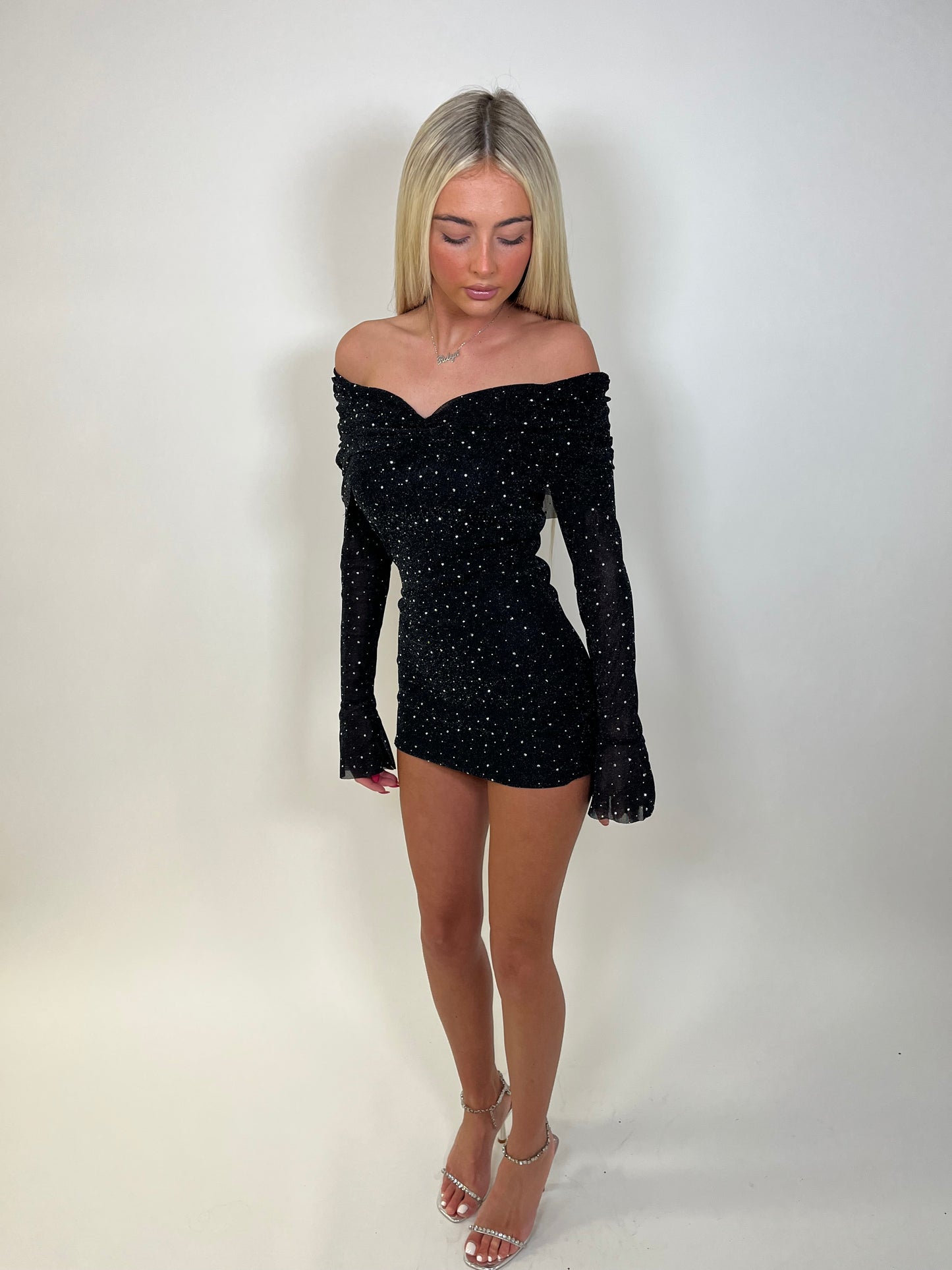 Lurex embellished Bardot mini dress