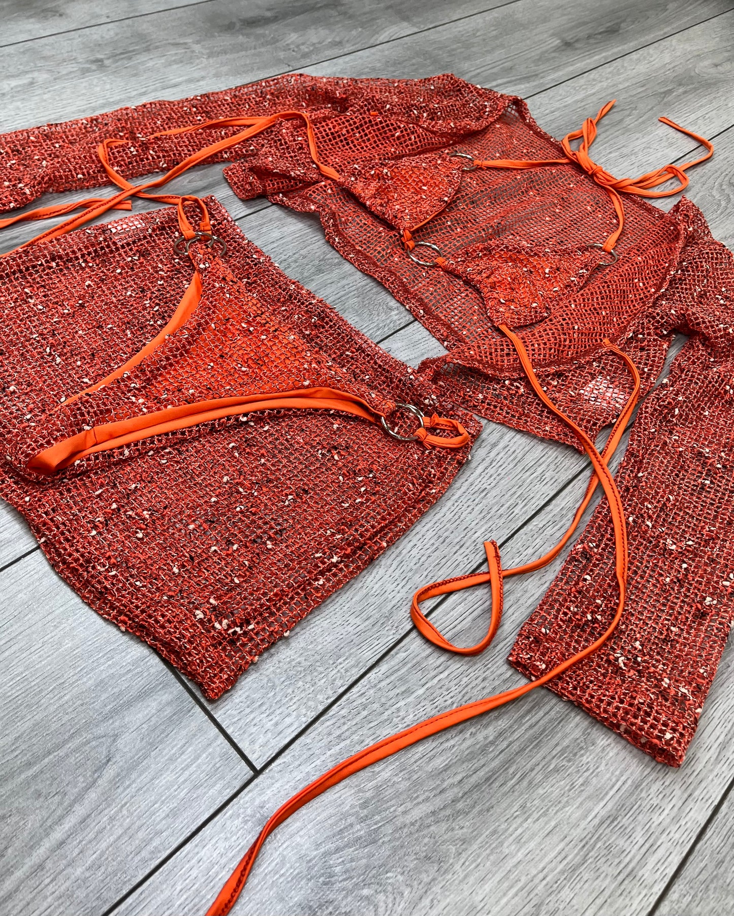 Orange 4 piece bikini and cover up set