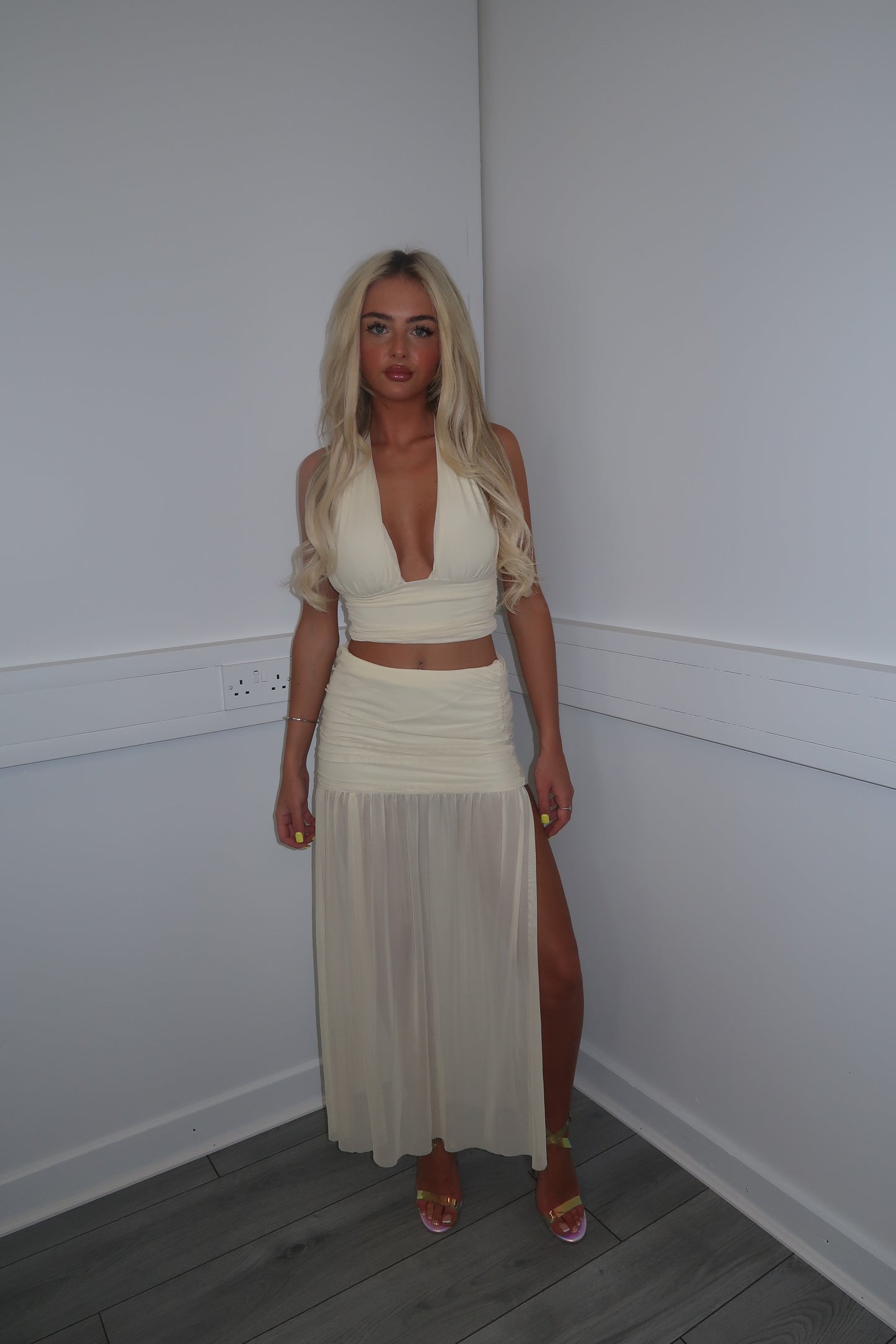 Ivory top and split skirt set