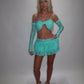 LIMITED EDITION HAND MADE AND DESIGNED IN HOUSE: Blue frilly Rara skirt top and sleeves three piece