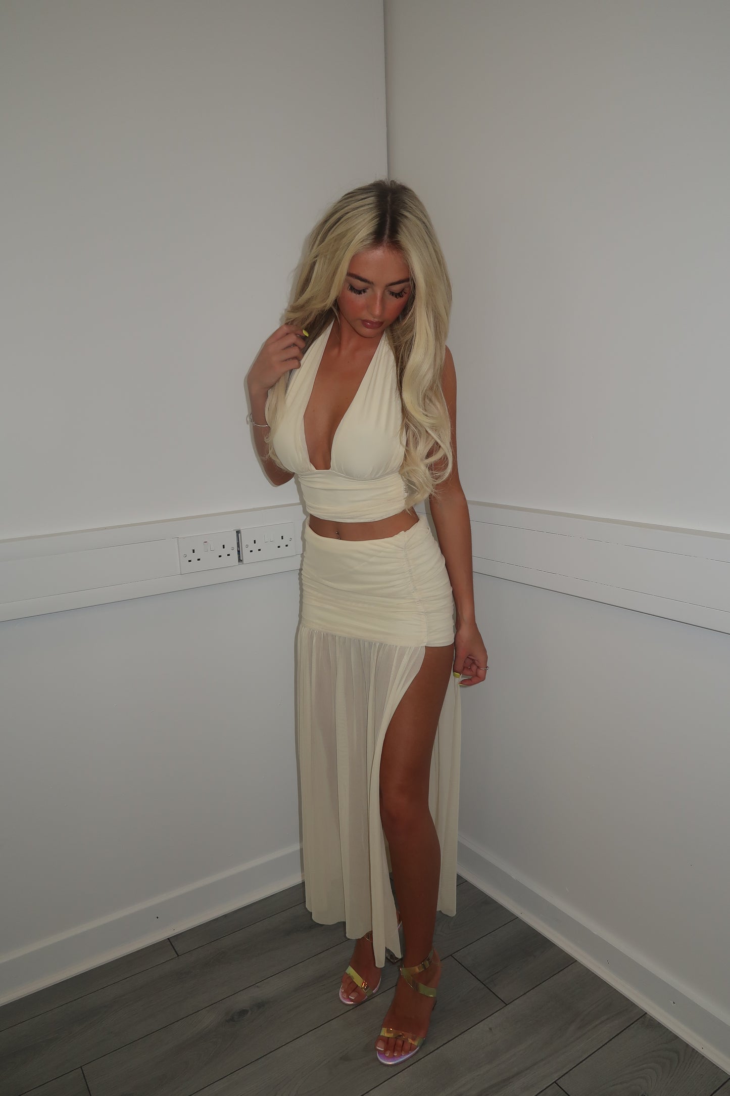 Ivory top and split skirt set