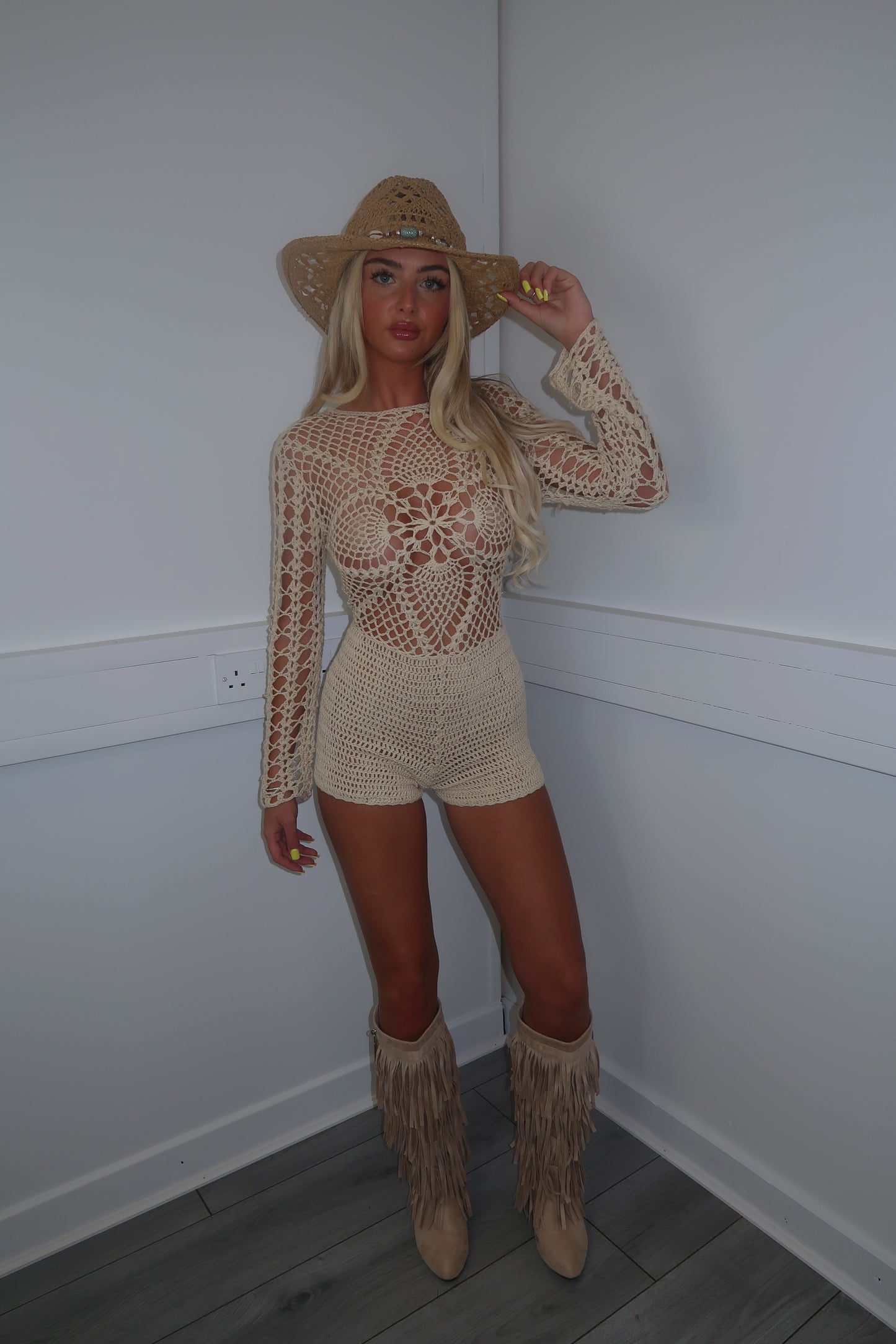 Beige crochet playsuit