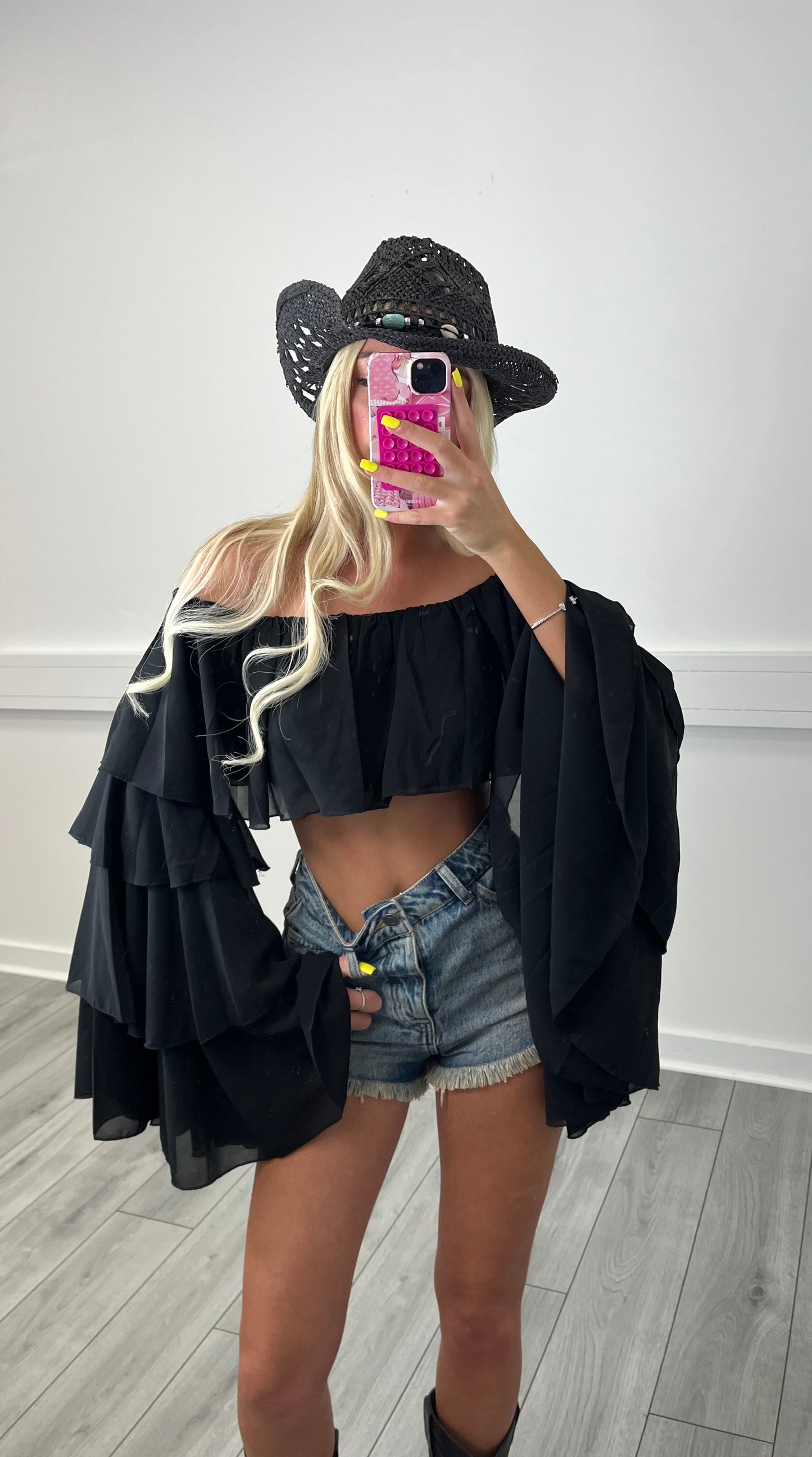 Black chiffon layered Bardot top