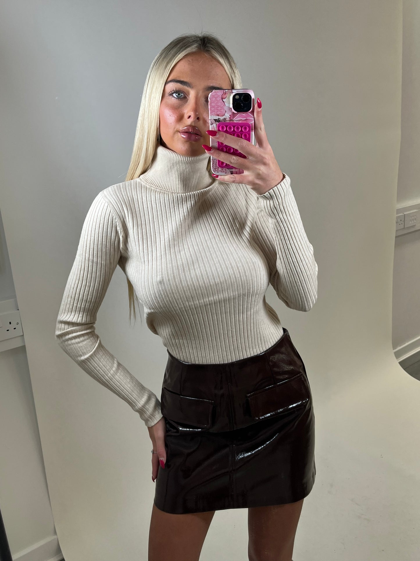 Beige fine knit ribbed polo neck jumper