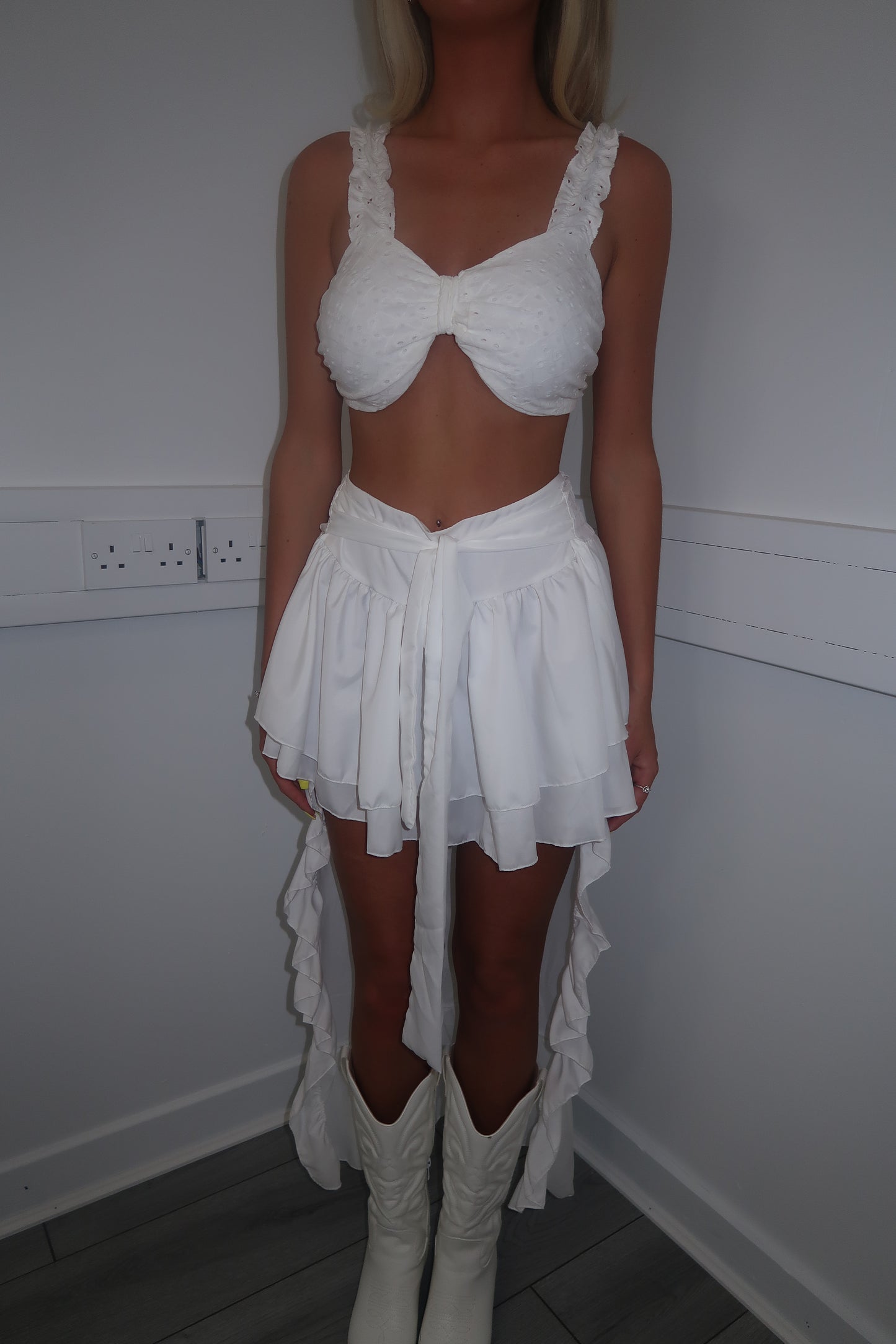 White Embroidery bralet and high low skirt set