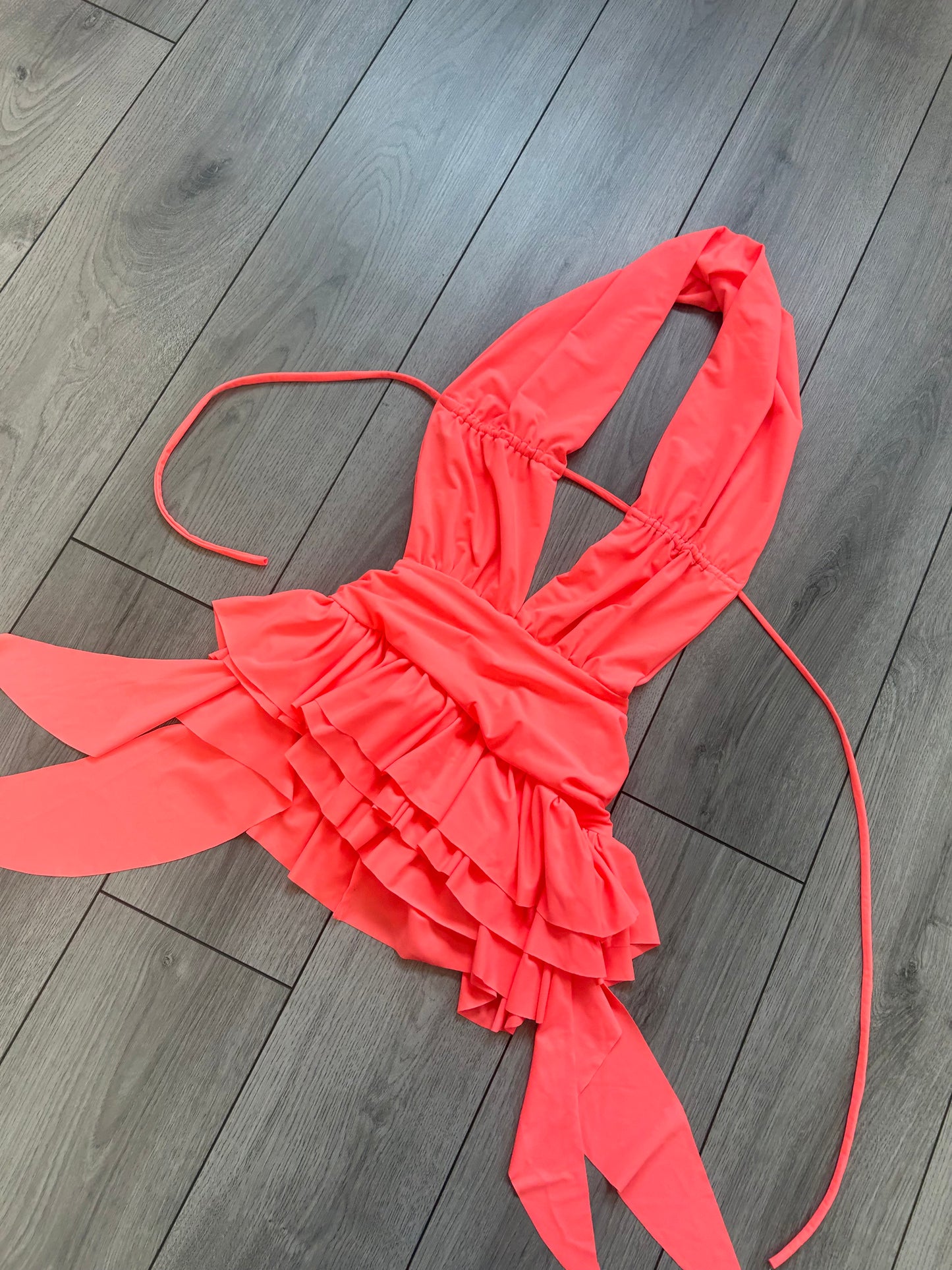 LIMITED EDITION HAND MADE AND DESIGNED IN HOUSE: ‘Lily’ Coral frill dress