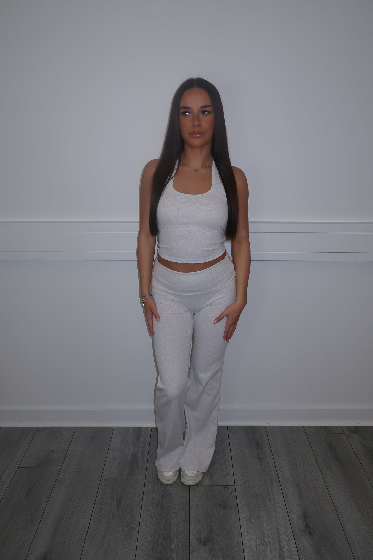 Sculpt light grey marl fold over waist trousers Set