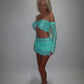 LIMITED EDITION HAND MADE AND DESIGNED IN HOUSE: Blue frilly Rara skirt top and sleeves three piece