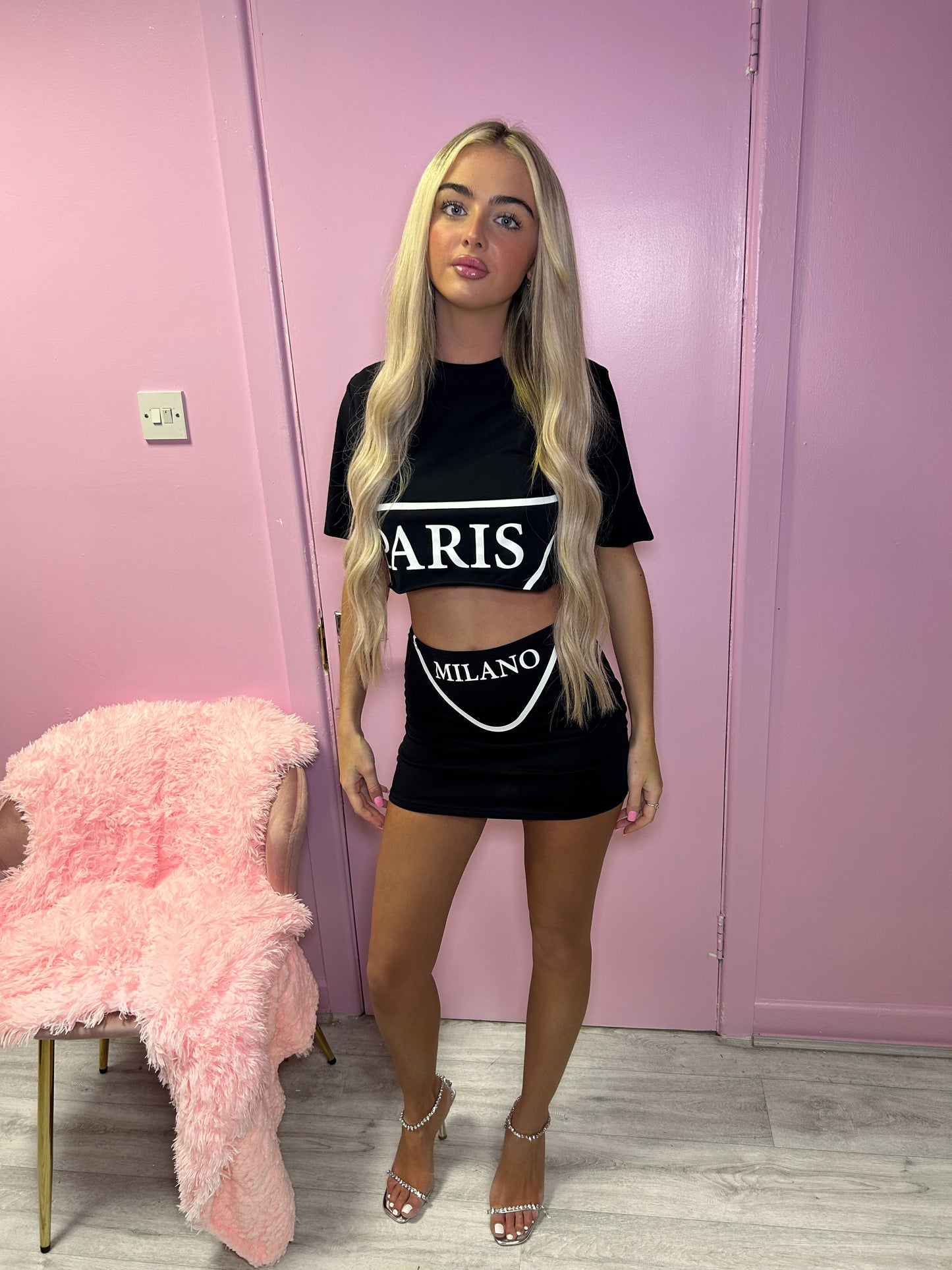 Paris Milano Graphic Crop Top & Skirt Co-ord