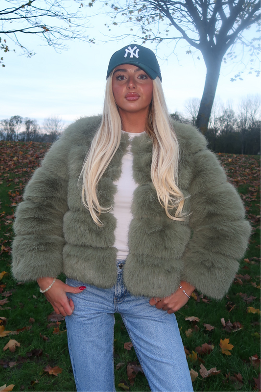 Luxury sage green 3/4 sleeve faux fur coat