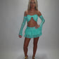 LIMITED EDITION HAND MADE AND DESIGNED IN HOUSE: Blue frilly Rara skirt top and sleeves three piece