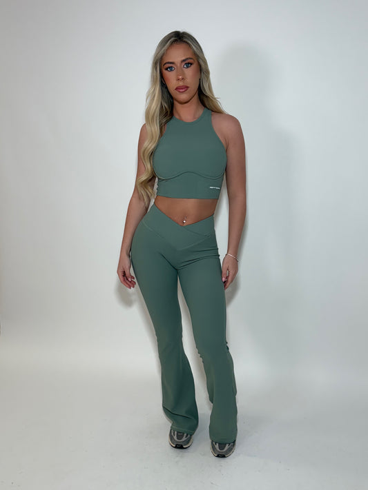 GYM GIRL ERA EXCLUSIVE Sage green sculpt V waist flared bottoms