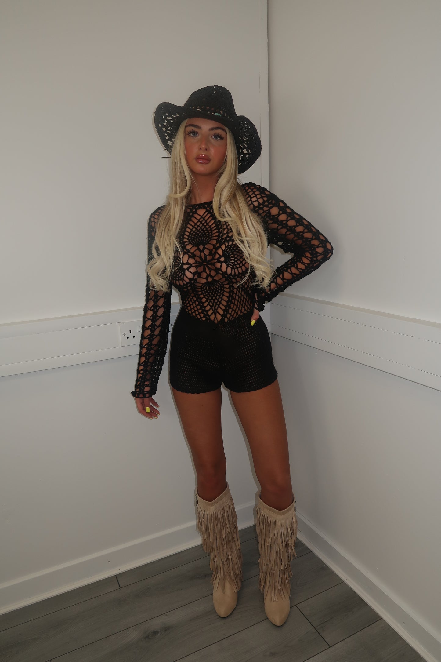 Black crochet playsuit