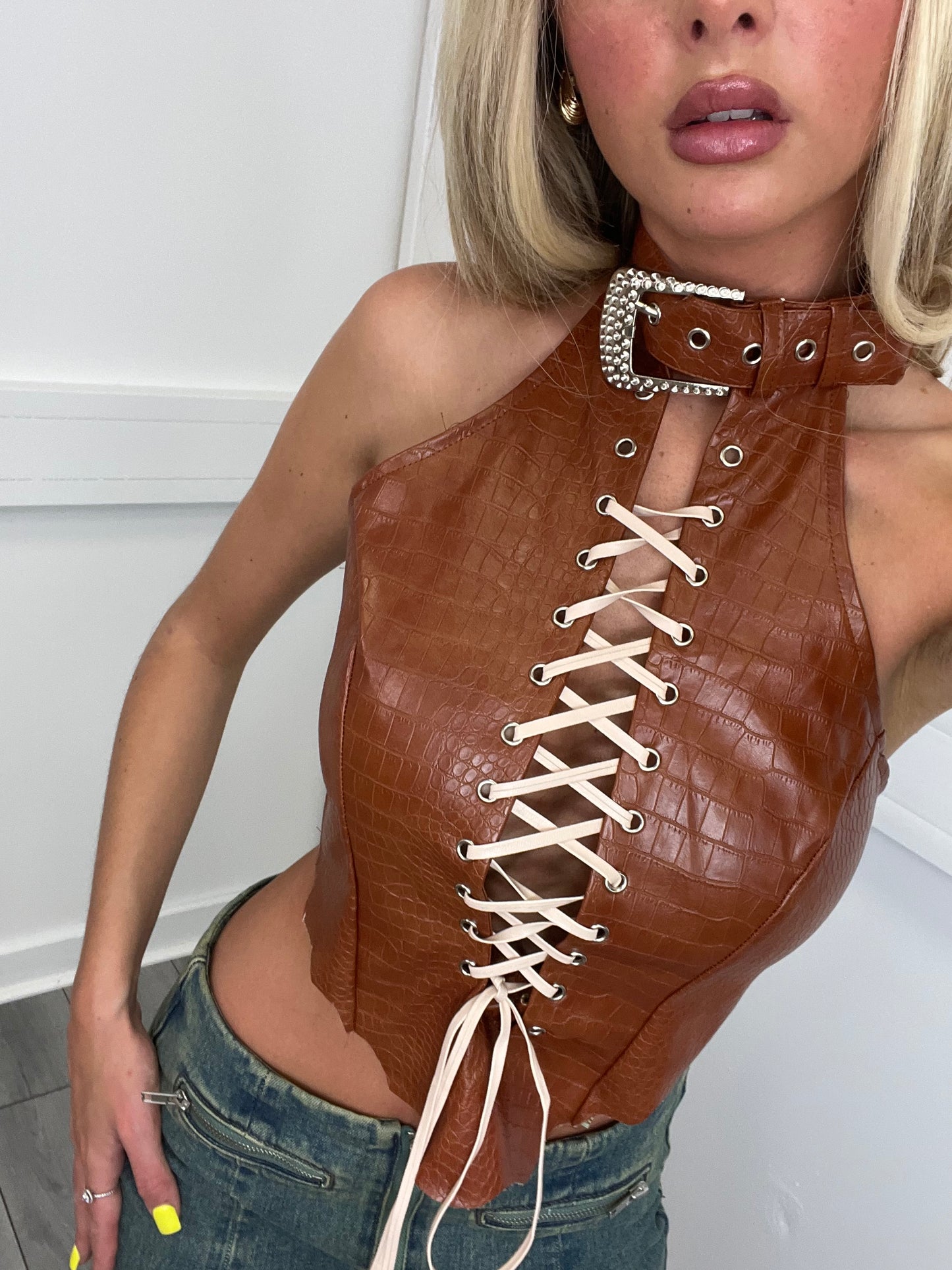 Buckle choker lace up halter top