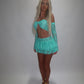 LIMITED EDITION HAND MADE AND DESIGNED IN HOUSE: Blue frilly Rara skirt top and sleeves three piece