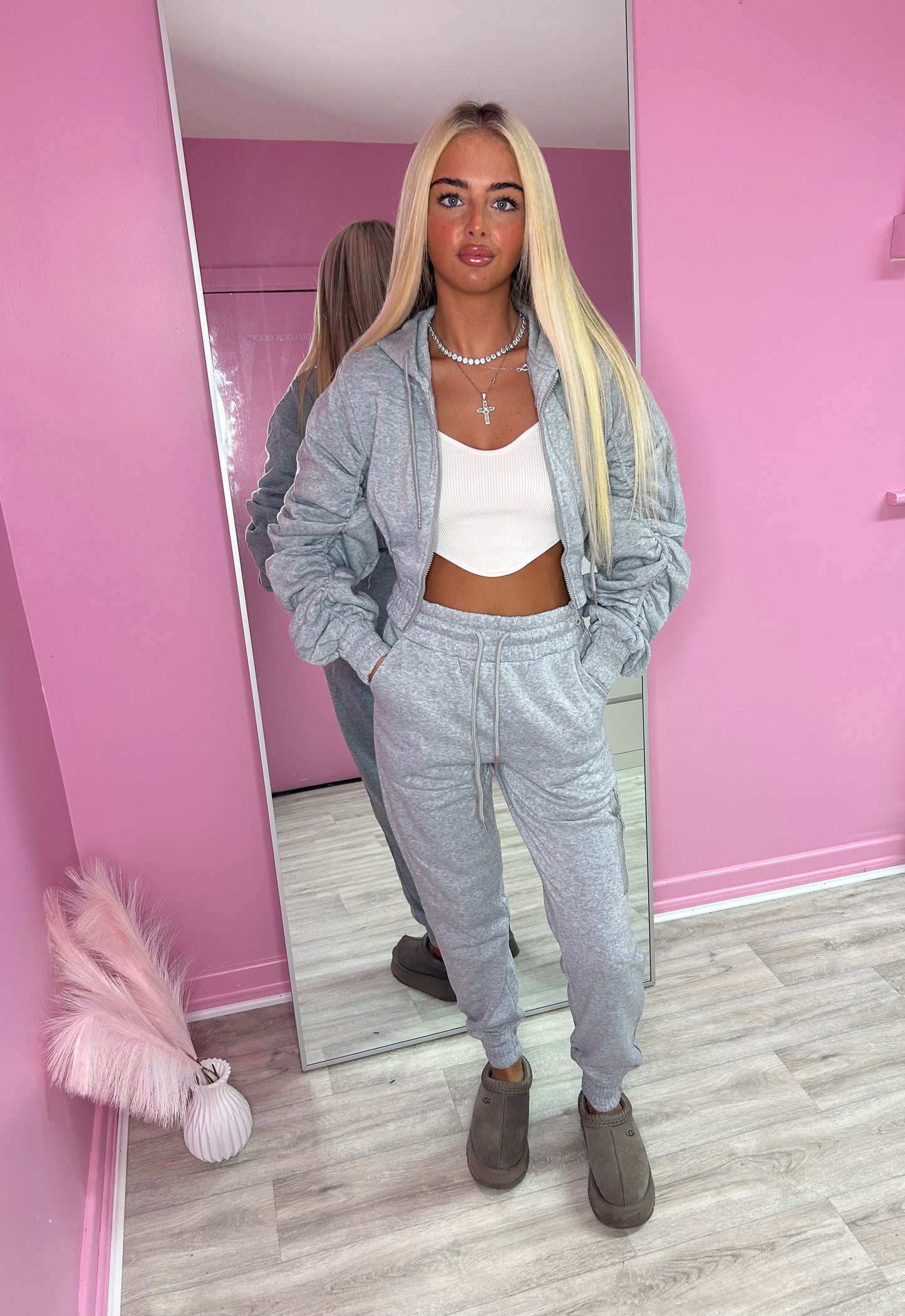 Grey ruched sleeve tracksuit