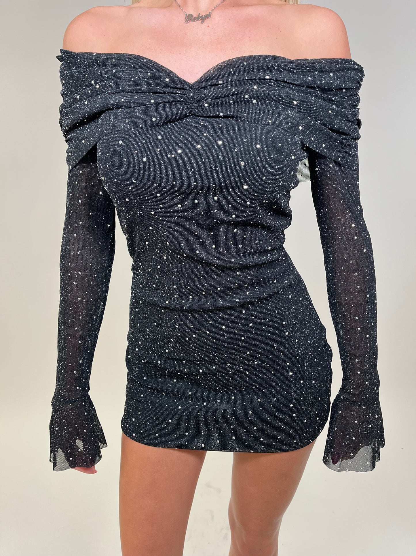 Lurex embellished Bardot mini dress