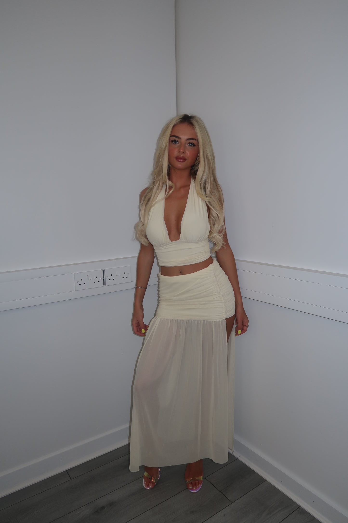 Ivory top and split skirt set