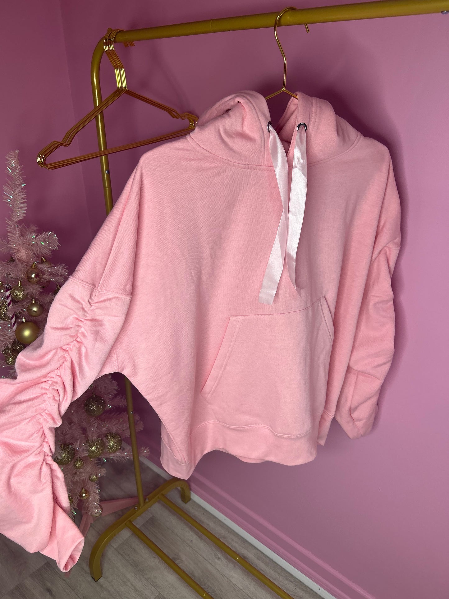 Pink ruched sleeve ribbon hoodie