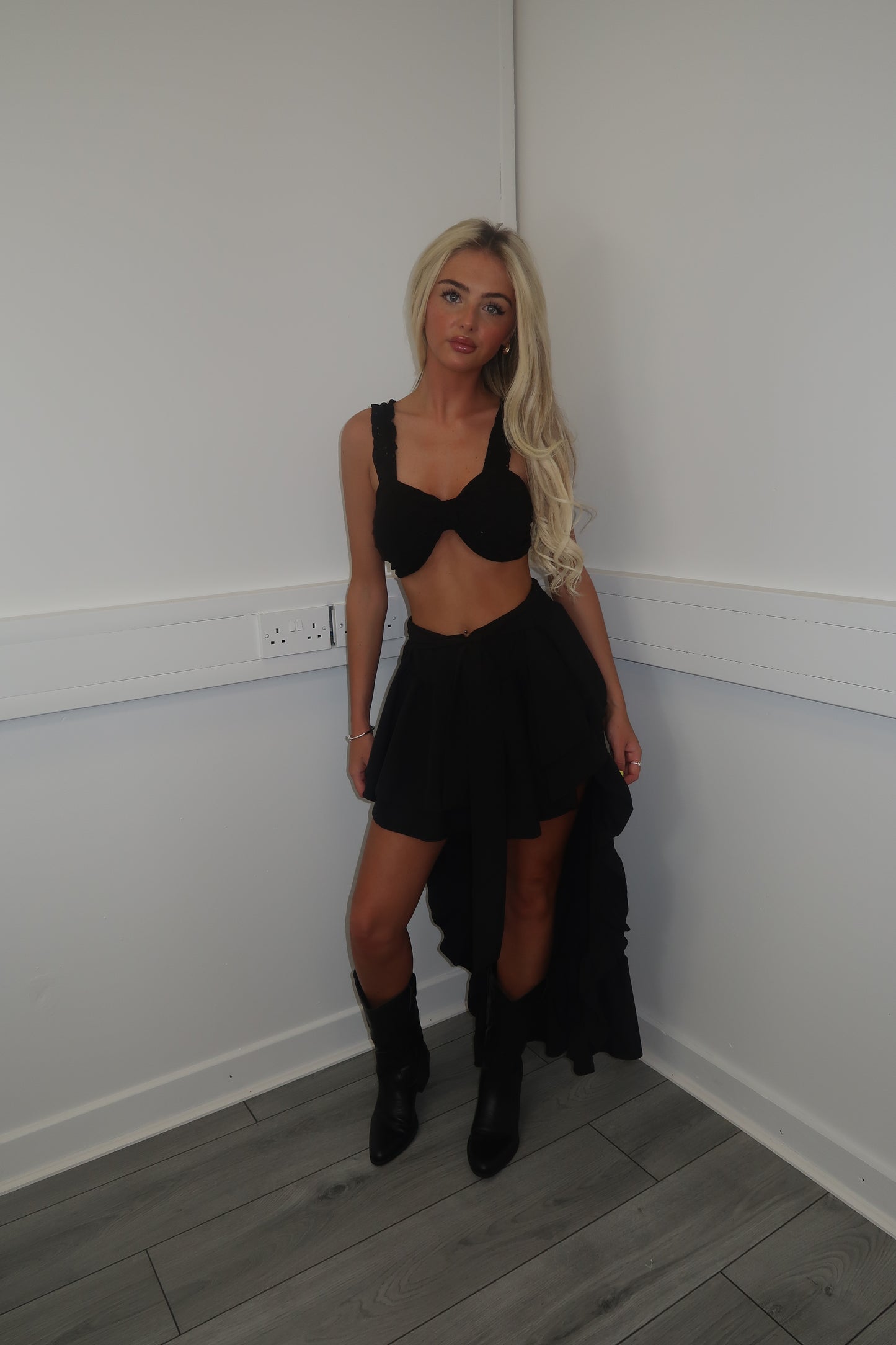 Black Embroidery bralet and high low skirt set