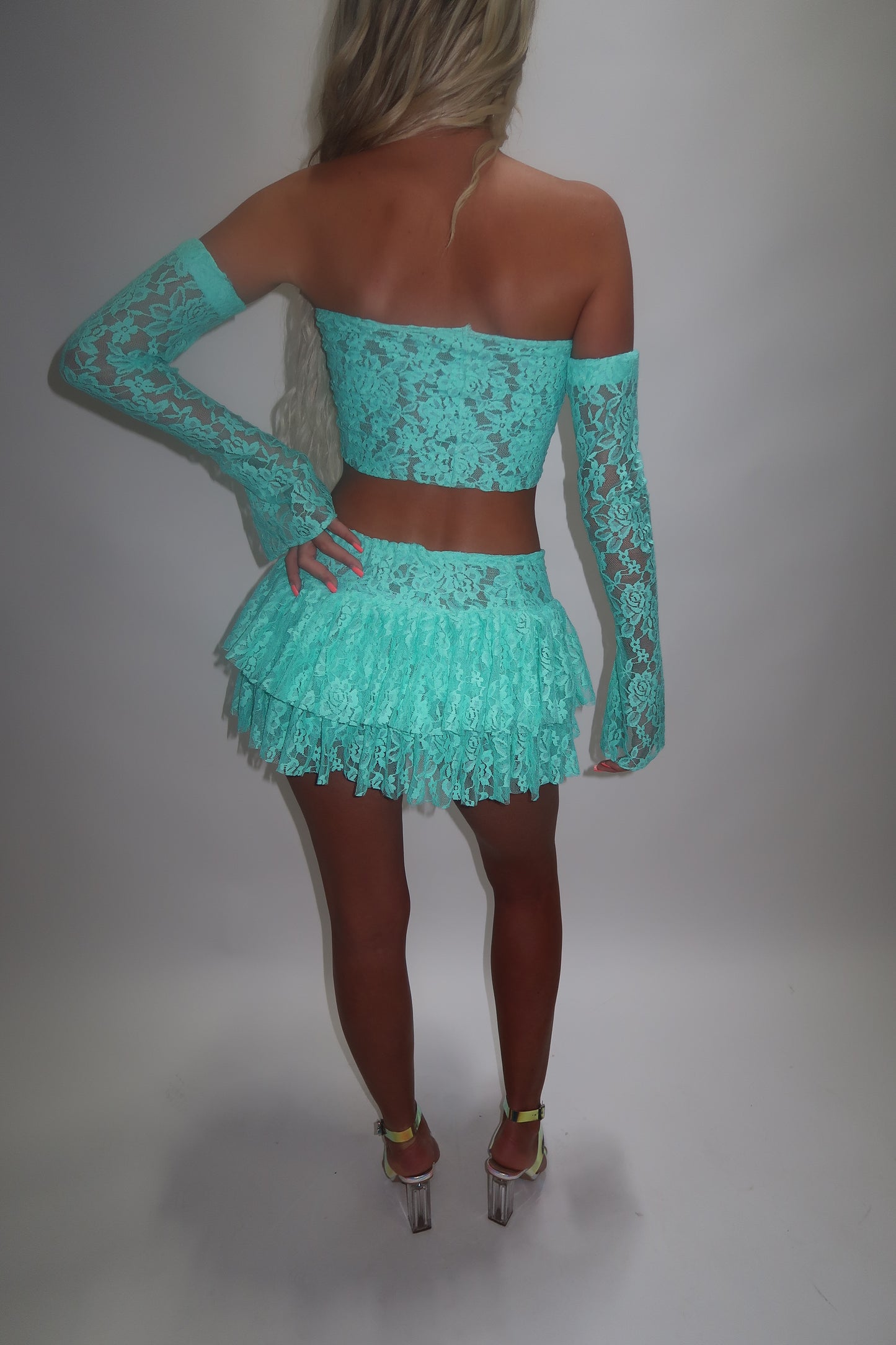 LIMITED EDITION HAND MADE AND DESIGNED IN HOUSE: Blue frilly Rara skirt top and sleeves three piece