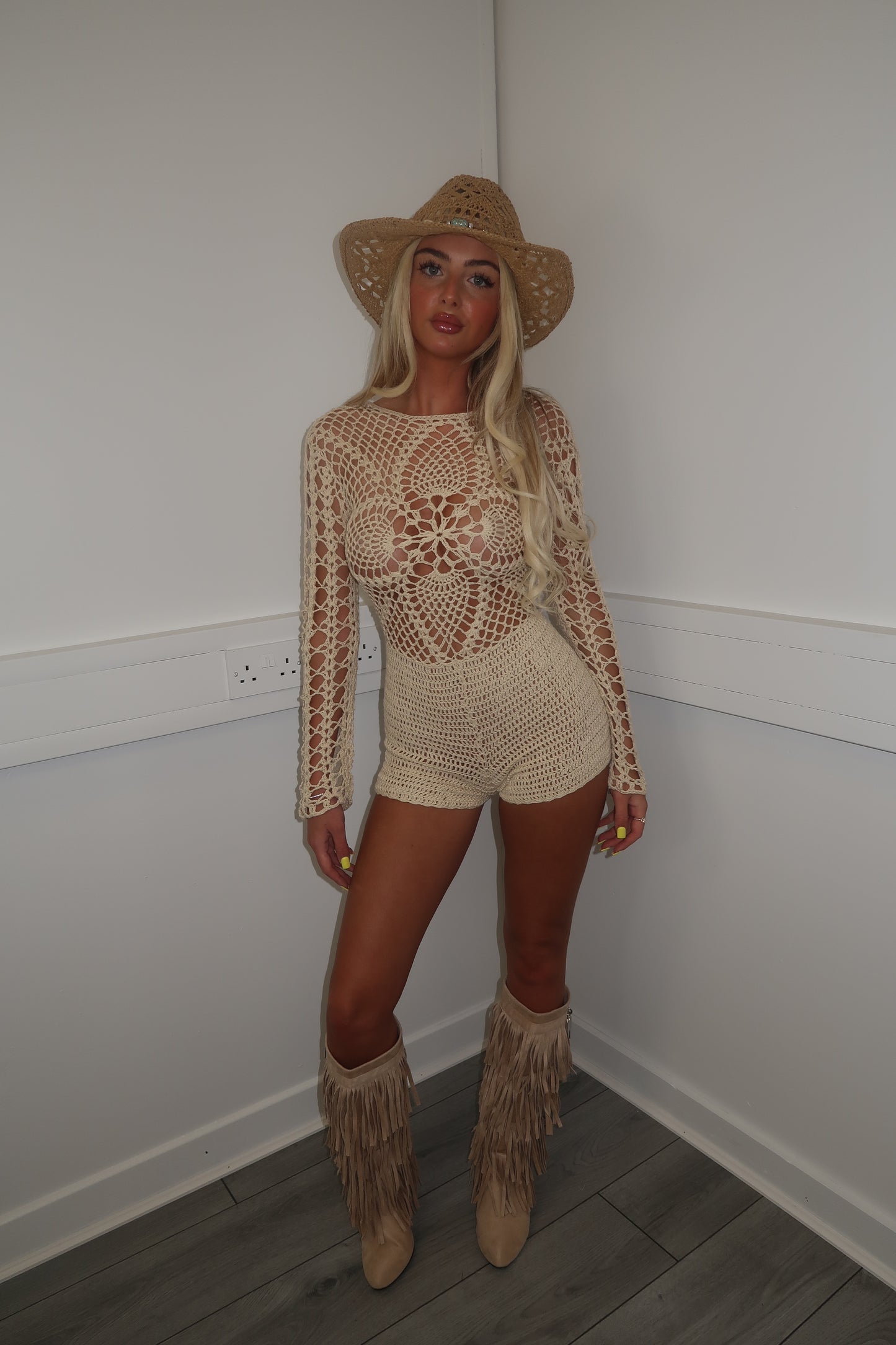 Beige crochet playsuit