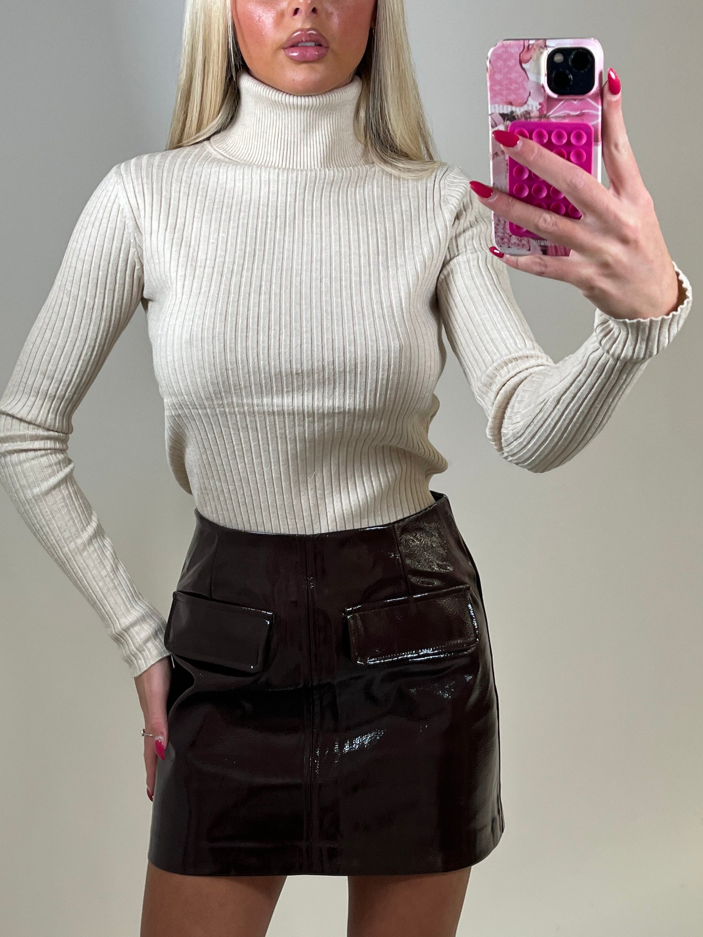 Beige fine knit ribbed polo neck jumper