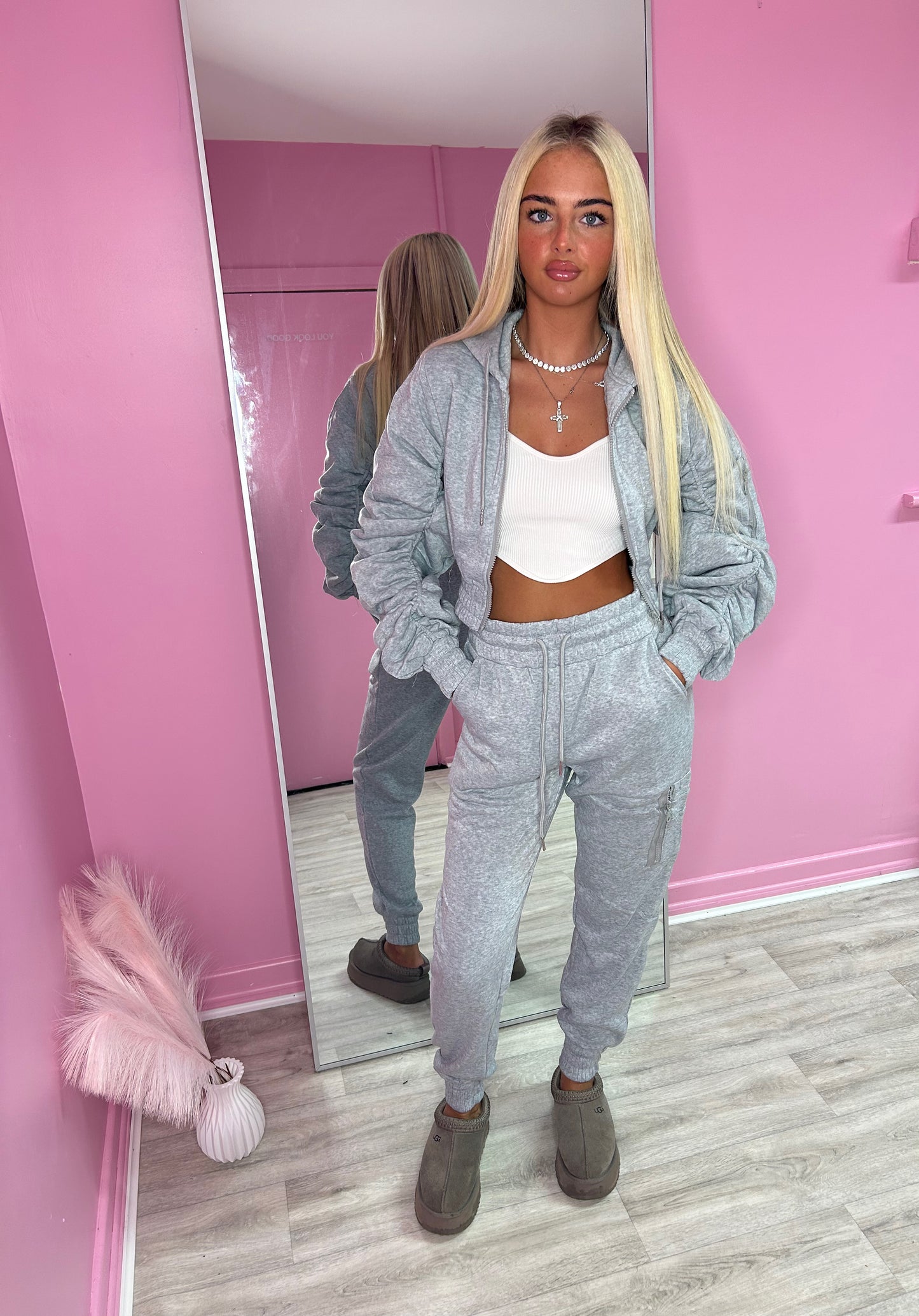 Grey ruched sleeve tracksuit