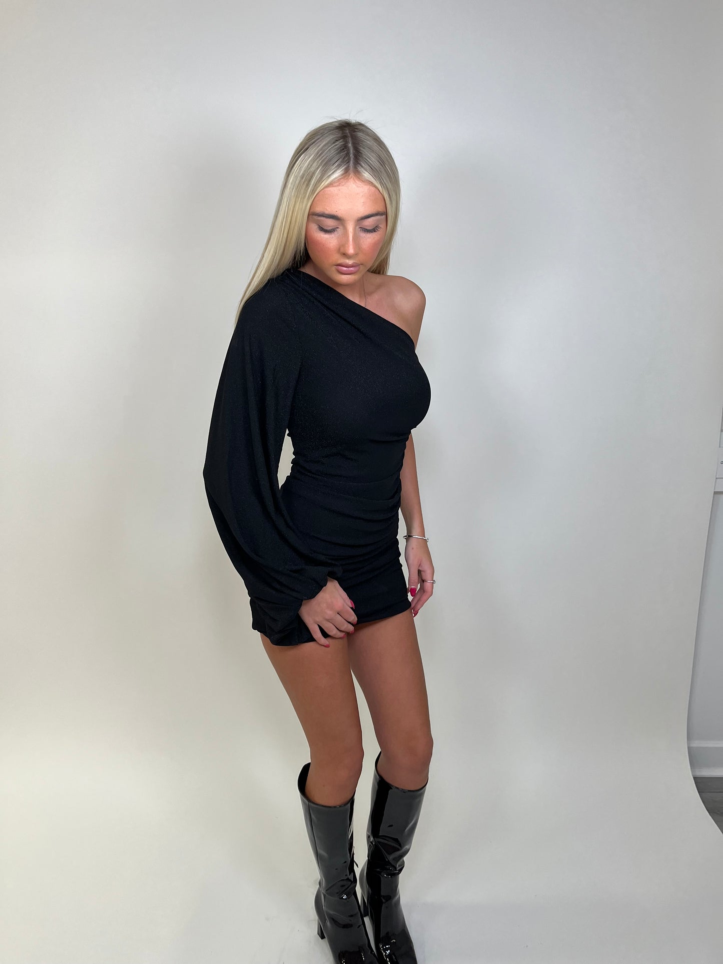 Black one shoulder lurex mini dress