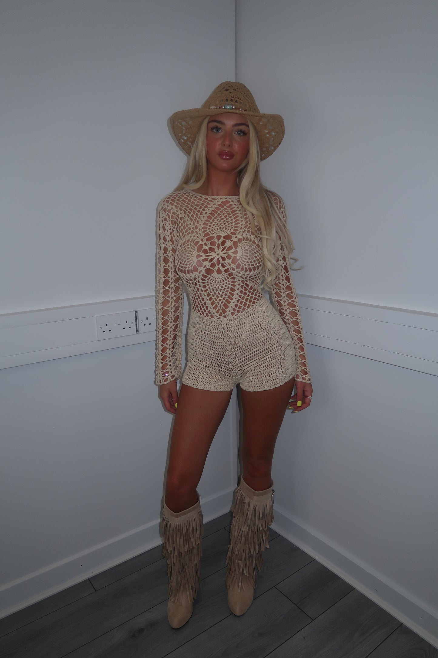 Beige crochet playsuit