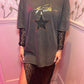 Star Trim Round Neck Tee With black lace maxi dress under lay co-ord