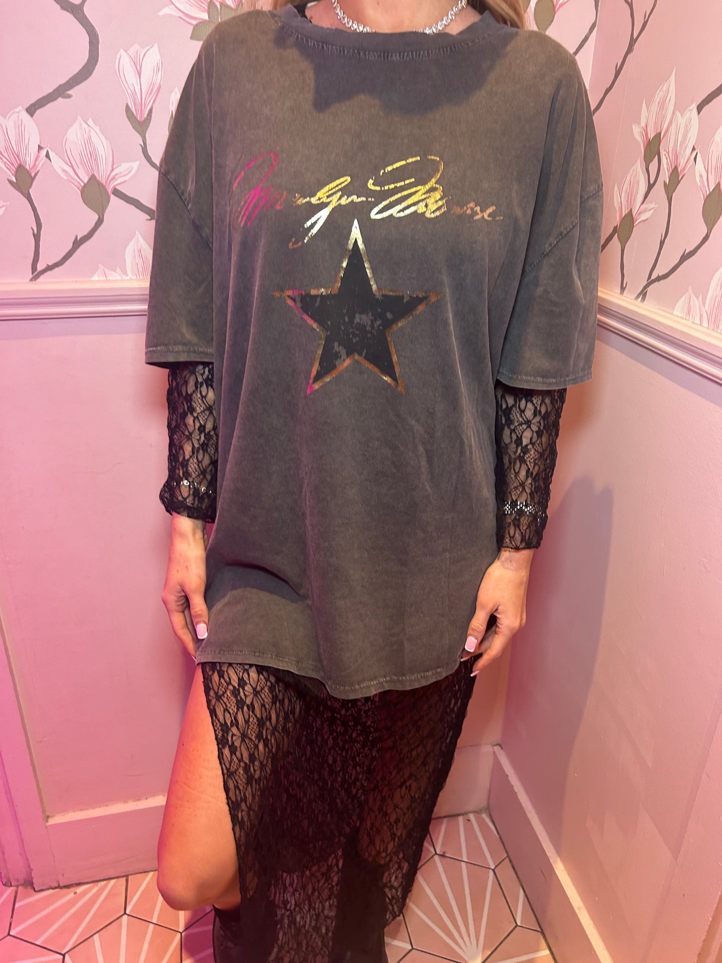 Star Trim Round Neck Tee With black lace maxi dress under lay co-ord