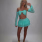 LIMITED EDITION HAND MADE AND DESIGNED IN HOUSE: Blue frilly Rara skirt top and sleeves three piece