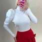 High neck puff sleeve ribbed jumper