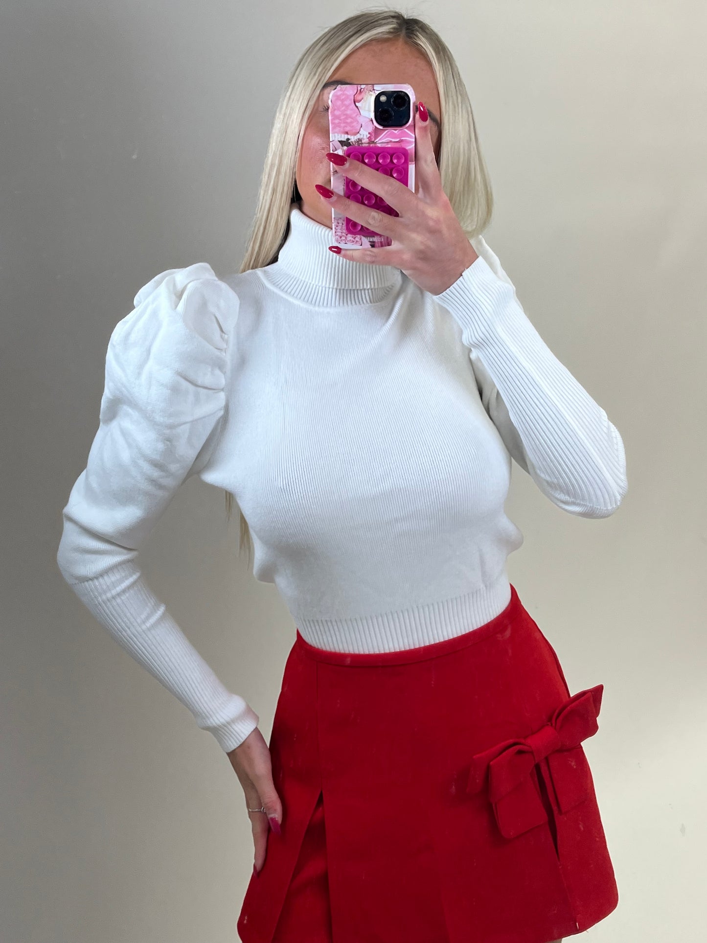 High neck puff sleeve ribbed jumper