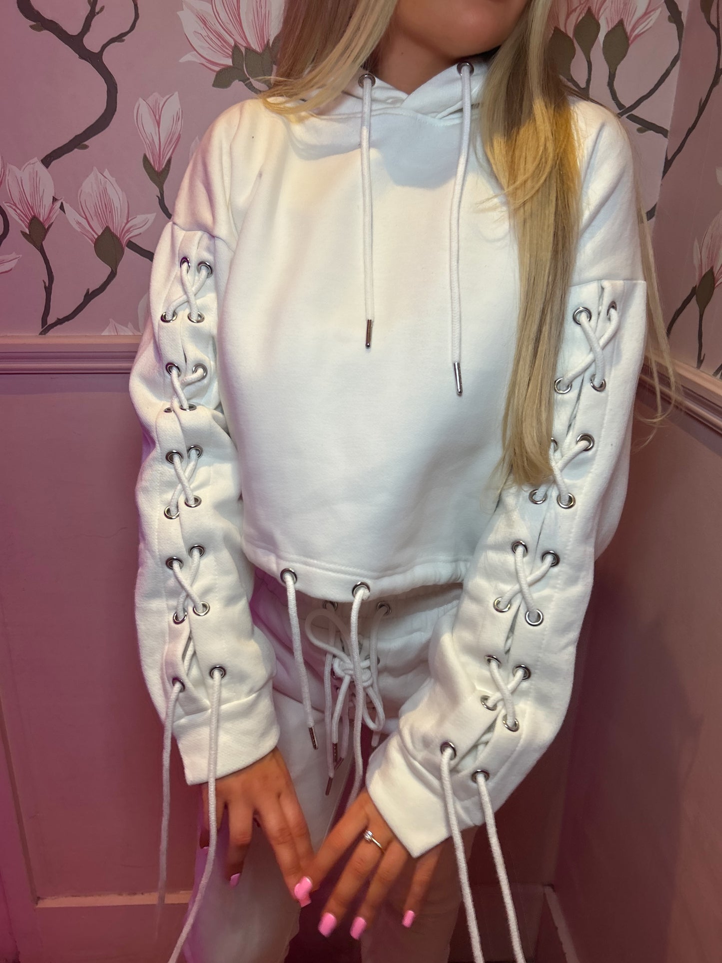 Off white Eyelet Lace Up Detail Hoodie & Jogger Fleece tracksuit
