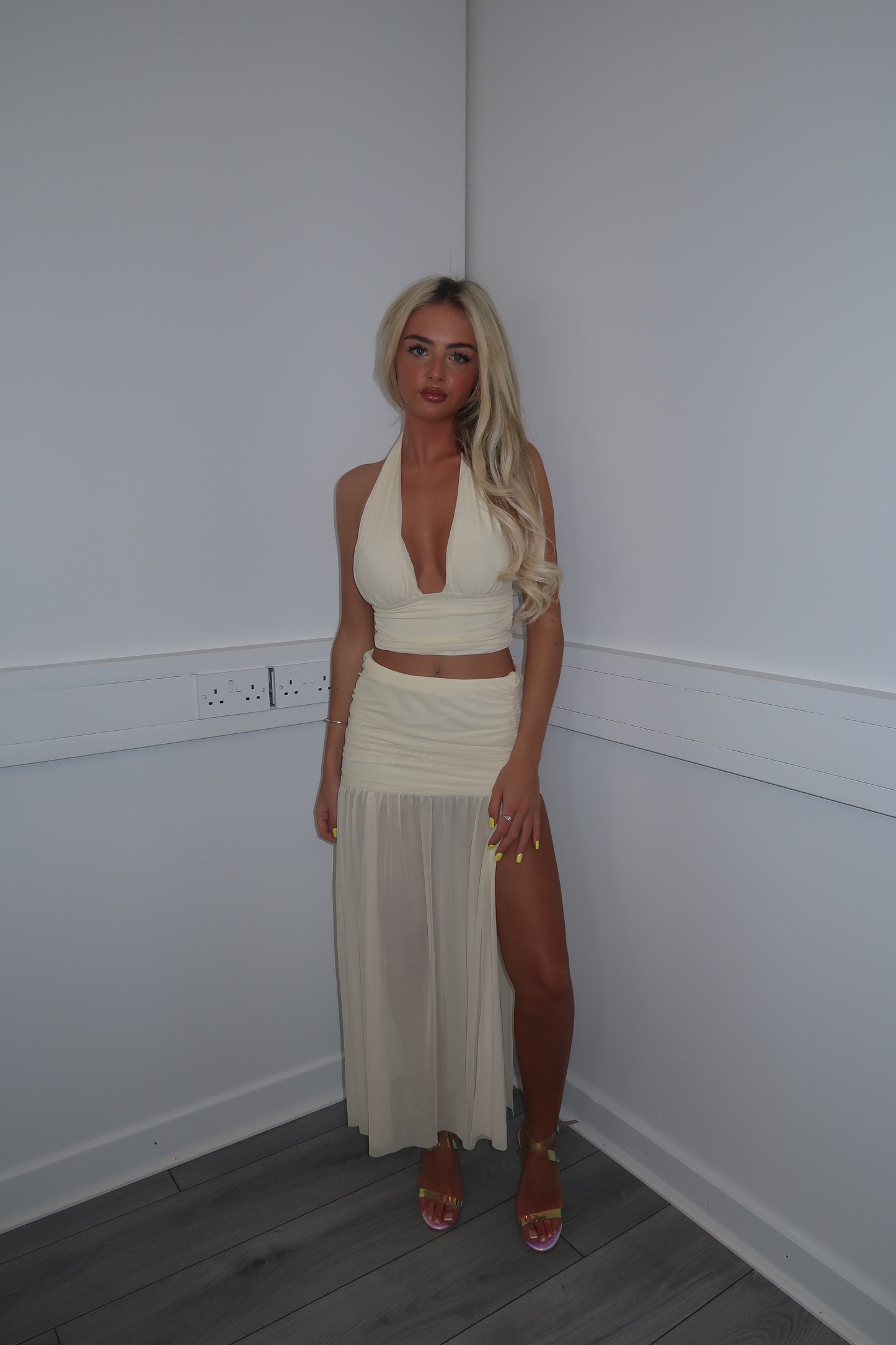 Ivory top and split skirt set