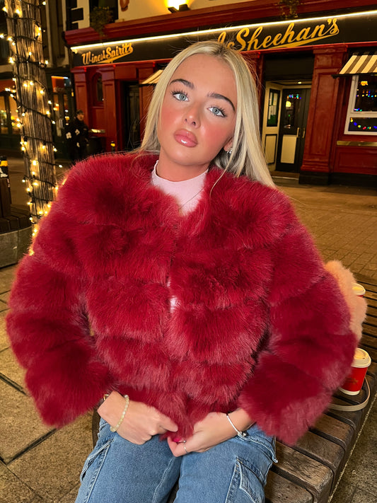 Luxury wine faux fur 3/4 sleeve coat