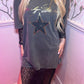 Star Trim Round Neck Tee With black lace maxi dress under lay co-ord