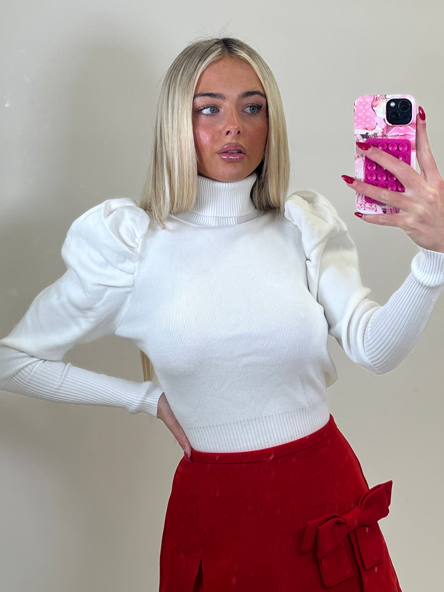 High neck puff sleeve ribbed jumper