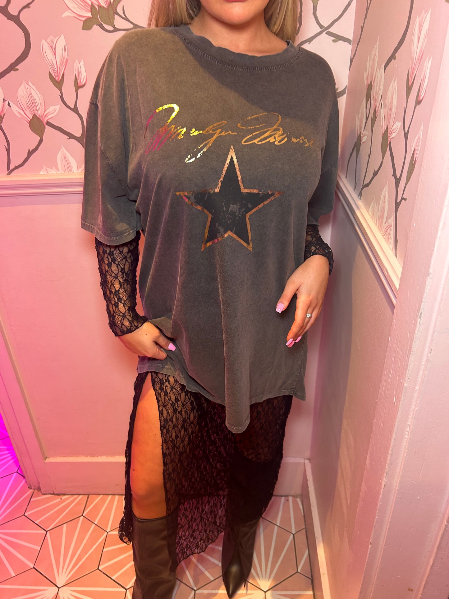 Star Trim Round Neck Tee With black lace maxi dress under lay co-ord