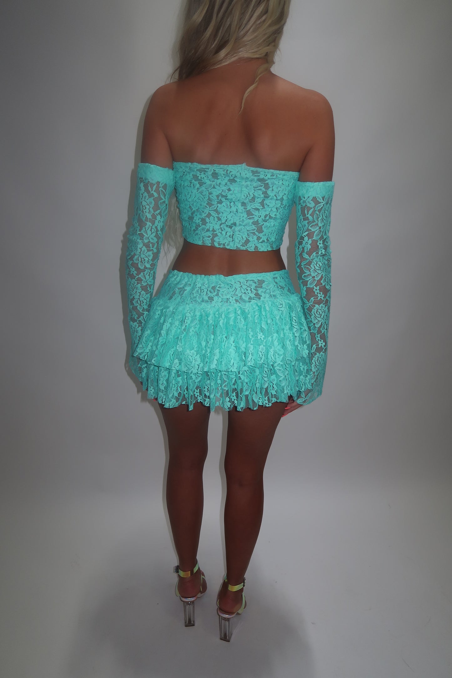 LIMITED EDITION HAND MADE AND DESIGNED IN HOUSE: Blue frilly Rara skirt top and sleeves three piece