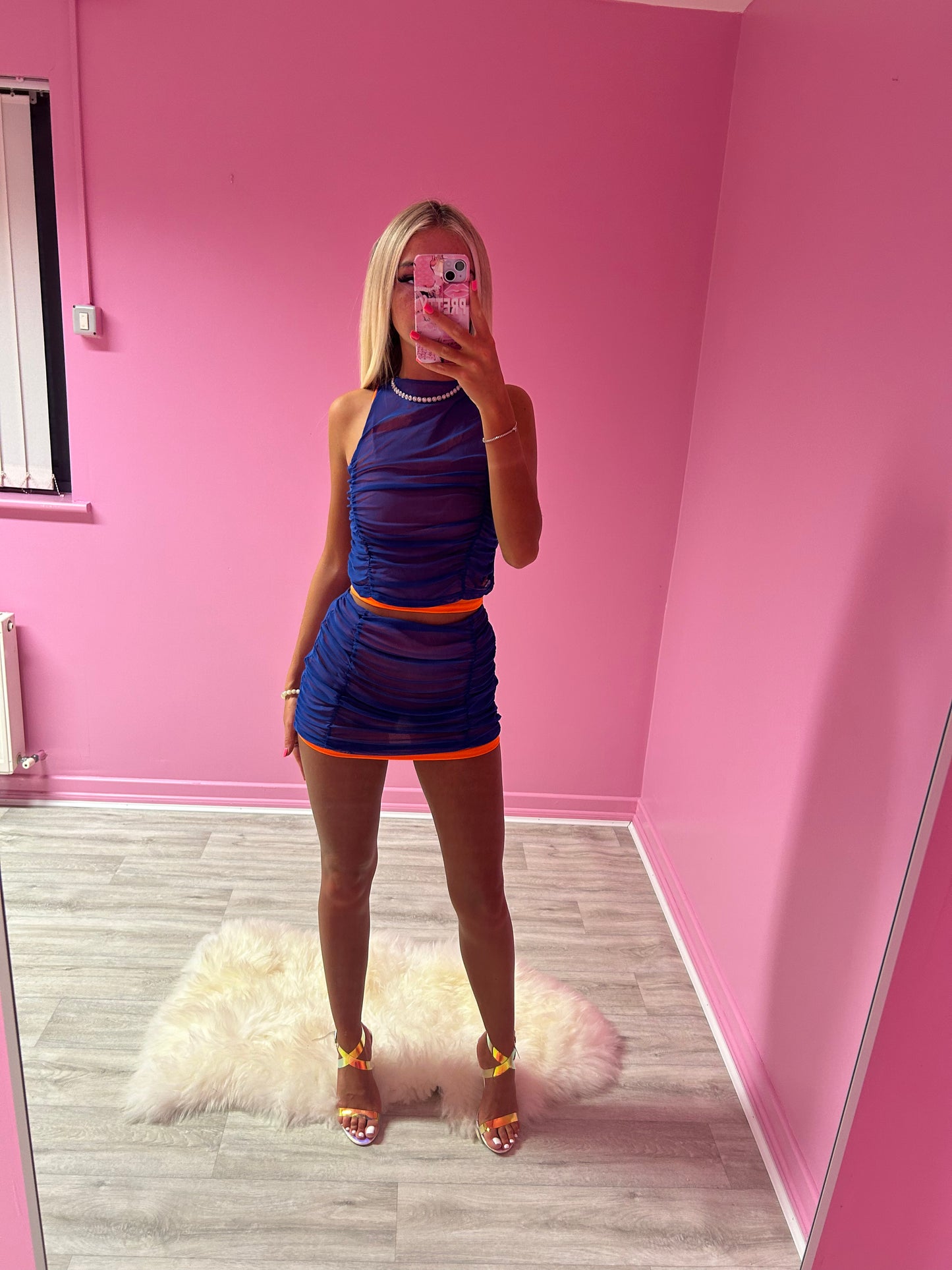 Blue and orange ruched mesh co-ord