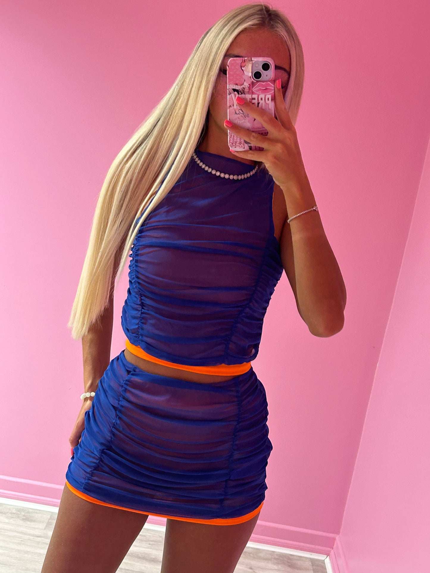 Blue and orange ruched mesh co-ord